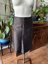 VTG MARNI Brown-Blue White Striped-Pencil Skirt Silk Made in ITALY Sz 40 Lined
