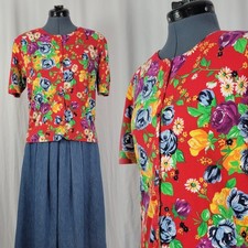 Vintage The Eagle's Eye Red Floral Button Down Top Size Large