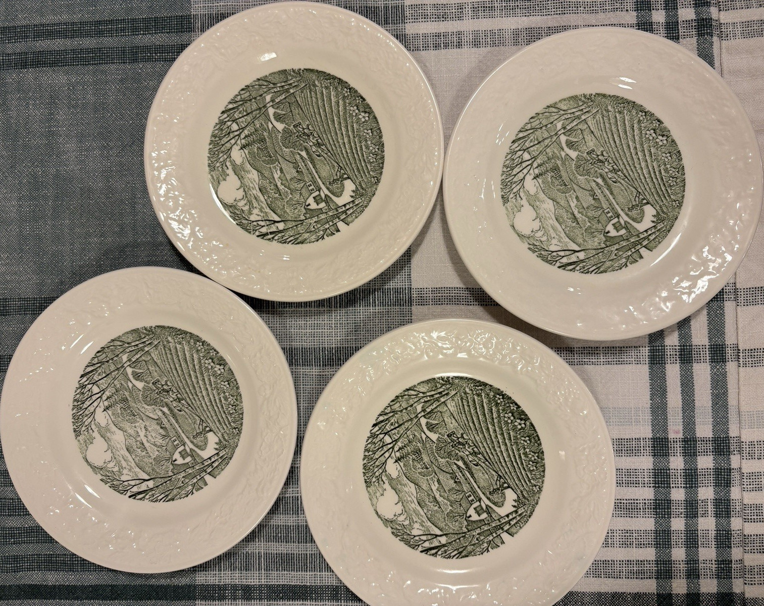 Taylor Smith & Taylor Pastoral Green Bread Plates Set 4 Vintage Farm Scene 7”