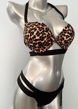 Victoria's Secret Swim Suit Set Leopard Banded Push Up Black Brazilian Bottom