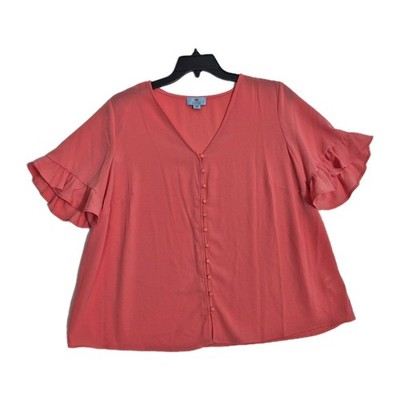 CeCe Women's Ruffle V-Neck  Top Blouse Coral Plus Size 2X Short Sleeve  NWT 68