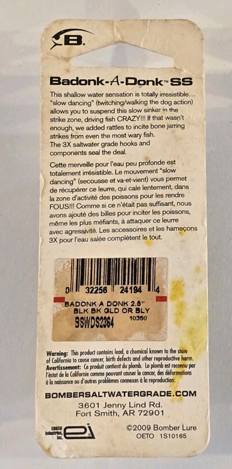 Bomber Badonk-A-Donk SS Fishing Lure BLK BK GLD OR BLY - Hard to Find Vintage - Image 2 of 2