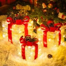 3 Lighted Christmas Gift Boxes Set - LED Pre-Lit Decor for Tree, Yard, Indoor...