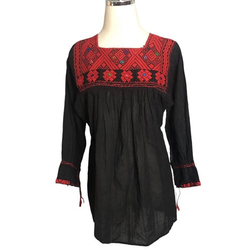 Boho Peasant Blouse Size Medium Red Ethnic Embroidery Black Lightweight