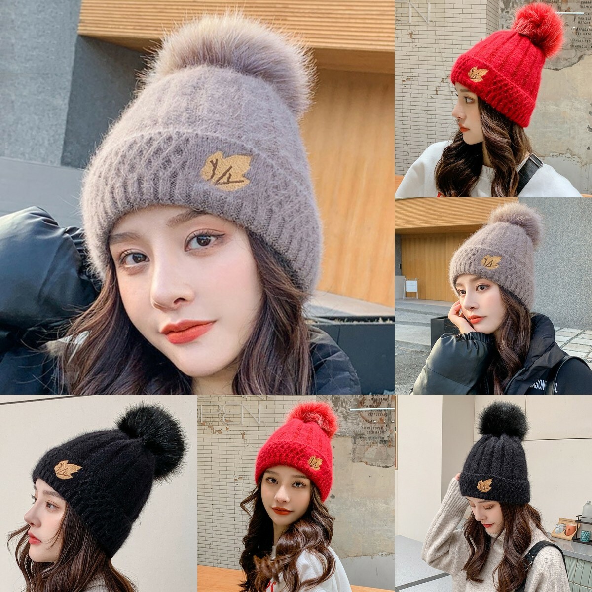 Women\'s Wine Red Winter Warm Knitted Beanie Faux Fur Pom Skull Style Hat Cap Women main image 4
