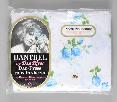 Vintage Dan River Dantrel Blue Rose Floral One Sheet Double Bed 81 X 104'' NEW