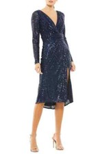 Mac Duggal Midnight Blue Long Sleeve Sequin Faux Wrap Dress Size 14 $358