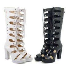 Women's Roman Knee High Boots Sandals Block Heel Platform Peep Toe Gladiator SZ