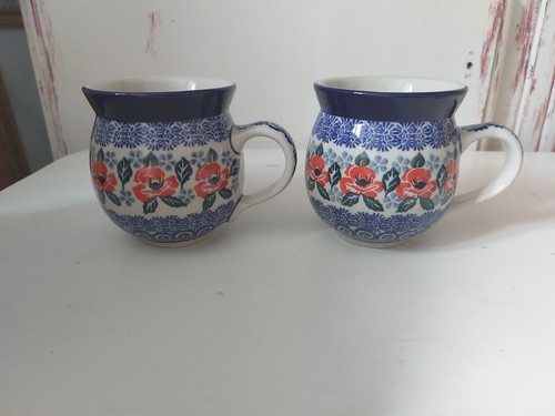 2 X Boleslawiec Polish Pottery Large Bubble Mug Blue Red Roses 10cm Tall NEW