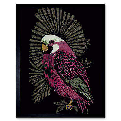 Tropischer Vogel Dschungel Linolschnitt Retro gerahmtes Wandbild Bild Druck 12x16