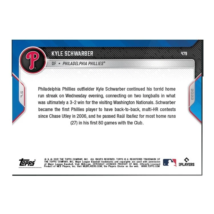 2022 Topps Now #479 Kyle Schwarber Phillies (PR-357) - Image 2 of 2