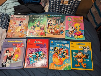 Vintage 7 Disney Golden 1986-1995 Coloring & Trace & Color Books 1 2008 Looney