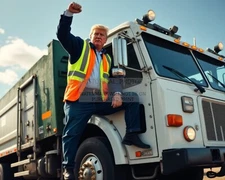 PRESIDENT DONALD TRUMP AS A GARBAGE MAN PUMPING FIST PATRIOTIC 8X10 AI PHOTO