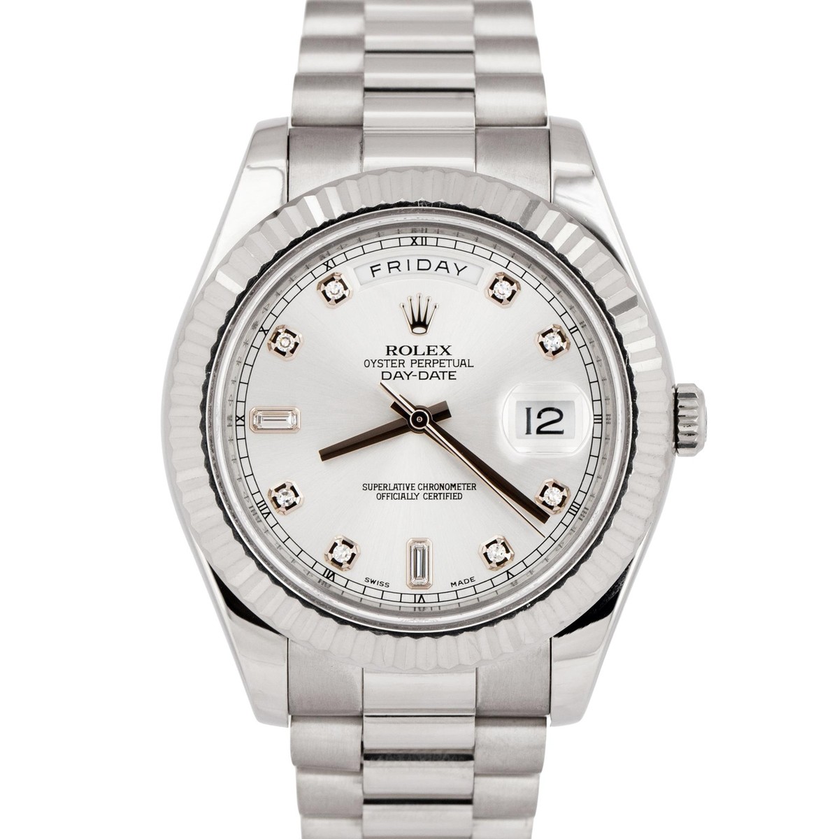 PAPERS Rolex Day-Date II Presidential 41mm White Gold Silver DIAMOND 218239  BOX