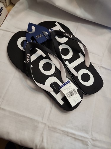 POLO RALPH LAUREN Black/White BOLT SIGNATURE LOGO THONG FLIP FLOPS MENS 12 - Picture 2 of 6