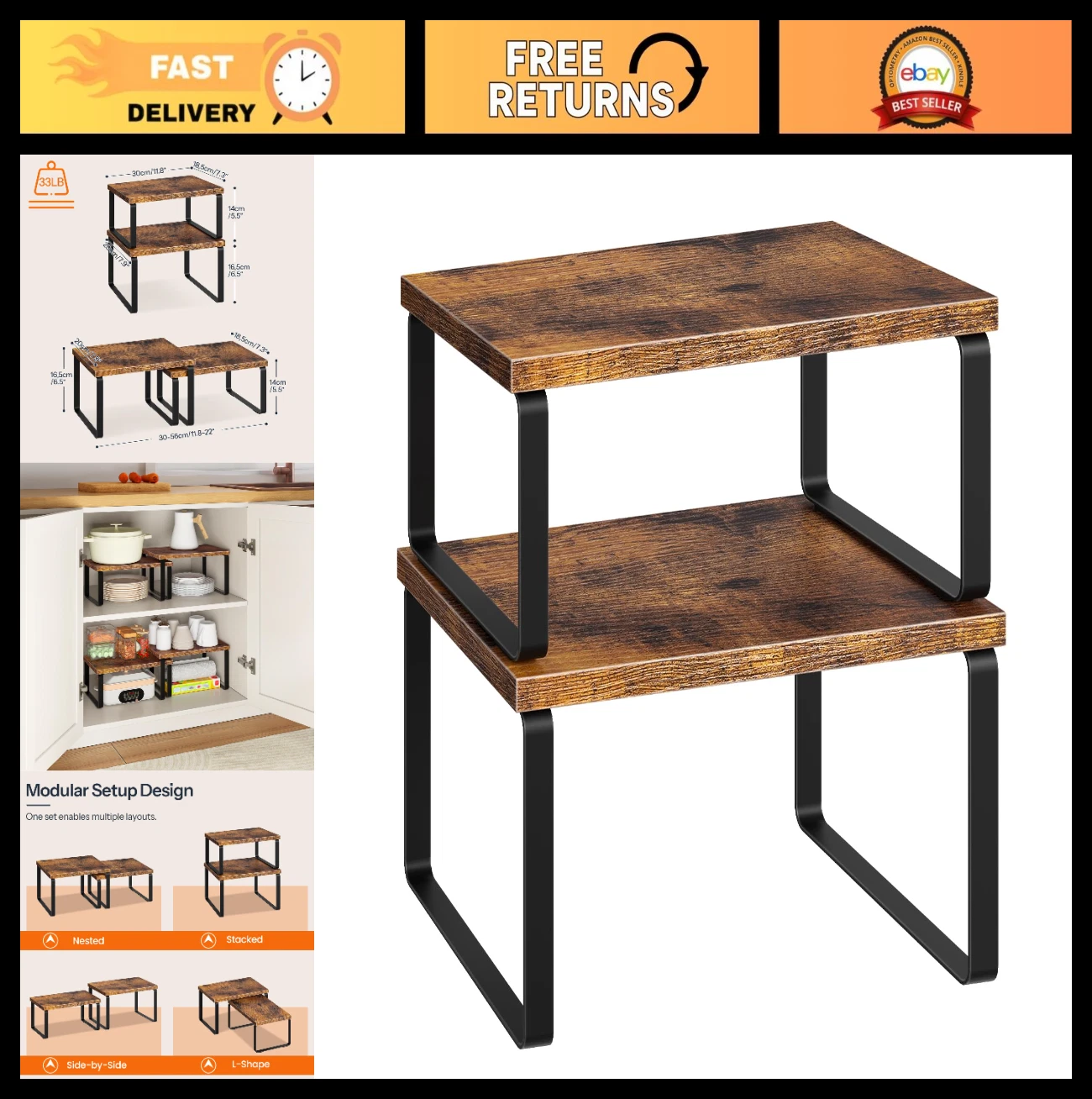 Set of 2 Stackable Kitchen Countertop Organizer Shelves - Rustic Spice Rack, Exp