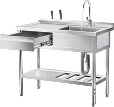 304 Stainless Steel Sink, Free-Standing Kitchen Sink with Workbench, Drawer Stor