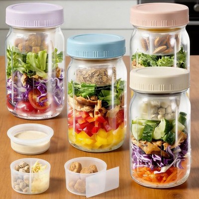 4 Pack Glass Salad Pod Mason Jar with Dressing Cup, 32 oz Salad Container to ...