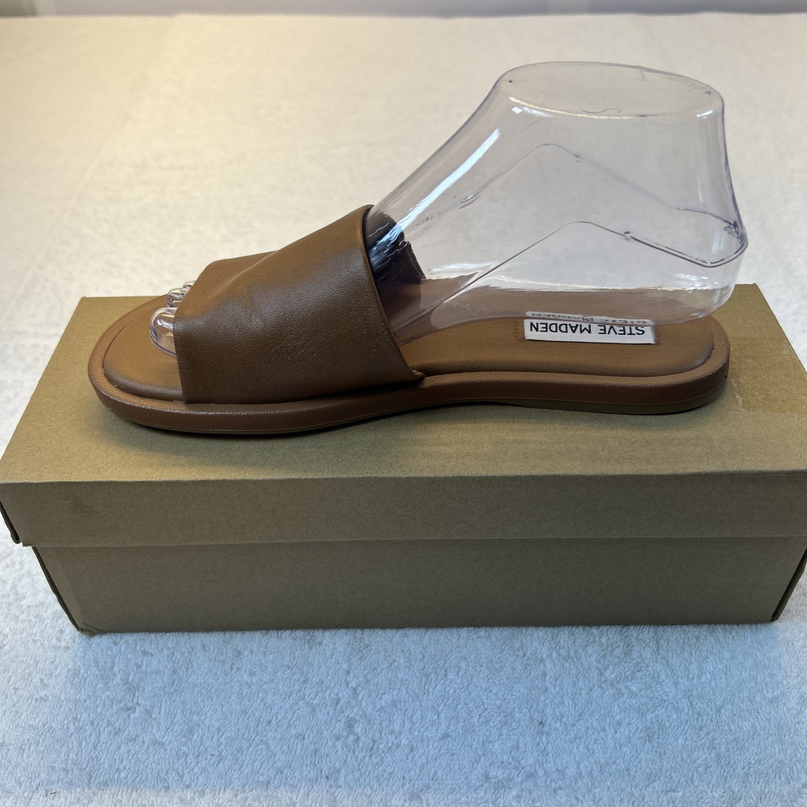 Steve Madden Sienna Cognac Leather Slides Sandals Women 7 New with Original Box