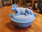 Vintage blue milk glass 5 1/2" L cow figural lidded candy dish
