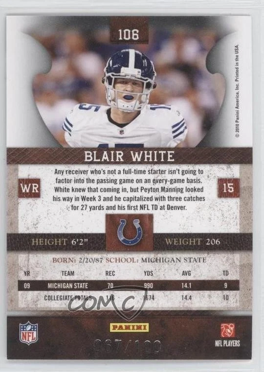2010 Panini Plates & Patches Infinity Silver /100 Blair White #106 Rookie RC - Image 2 of 2