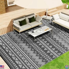 10x14 Waterproof Outdoor Rug - Reversible Grey & White Boho Stripe Mat for Yards