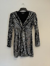 Primark Full Sequin V-Neck Long Sleeve Lined Party Dress, Black/Silver, XS (6/8)
