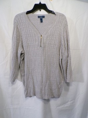 Karen Scott Women 2XL Cable Knit V-Neck 1/4 Zip Sweater Gray Pullover