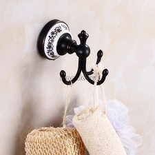 Antique Brass Ceramic Wall Hook Triple Coat Hat Robe Hanger Vintage Floral Decor