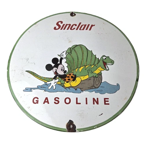 Vintage Sinclair Gasoline Sign - Dinosaur Mickey Mouse Porcelain Gas Pump Sign