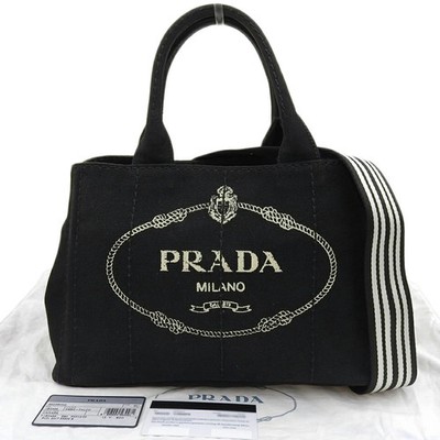 PRADA Canapa Tote 1BG439 Canvas Black with Middle Stripe from Japan #212