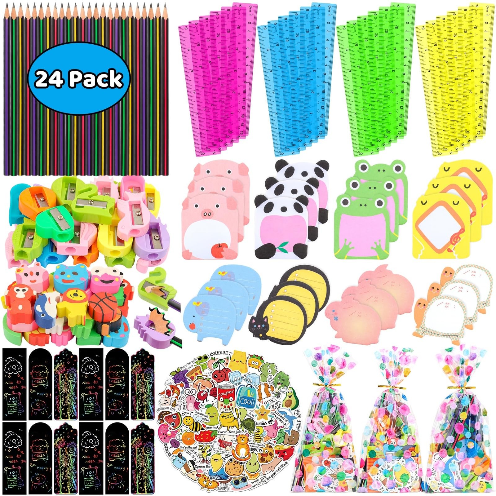 Stationery Party Packs, 24 Pack Birthday Goodie Bags for Kids with Pencils Ru...
