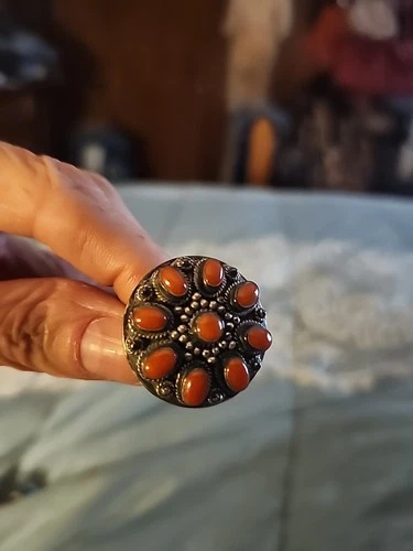 Vintage Navajo Ronnie Willie artist Sterling Silver Ring Size 6, coral .