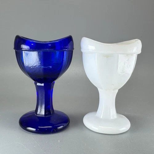 (2) VTG Glass EYE WASH CUP Pedestal MILK WHITE & COBALT BLUE M Mark Maryland