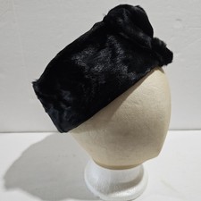 Vintage Womens Black Faux Fur Winter Pill Box Hat W/ Satin Lining- 20 In. Round