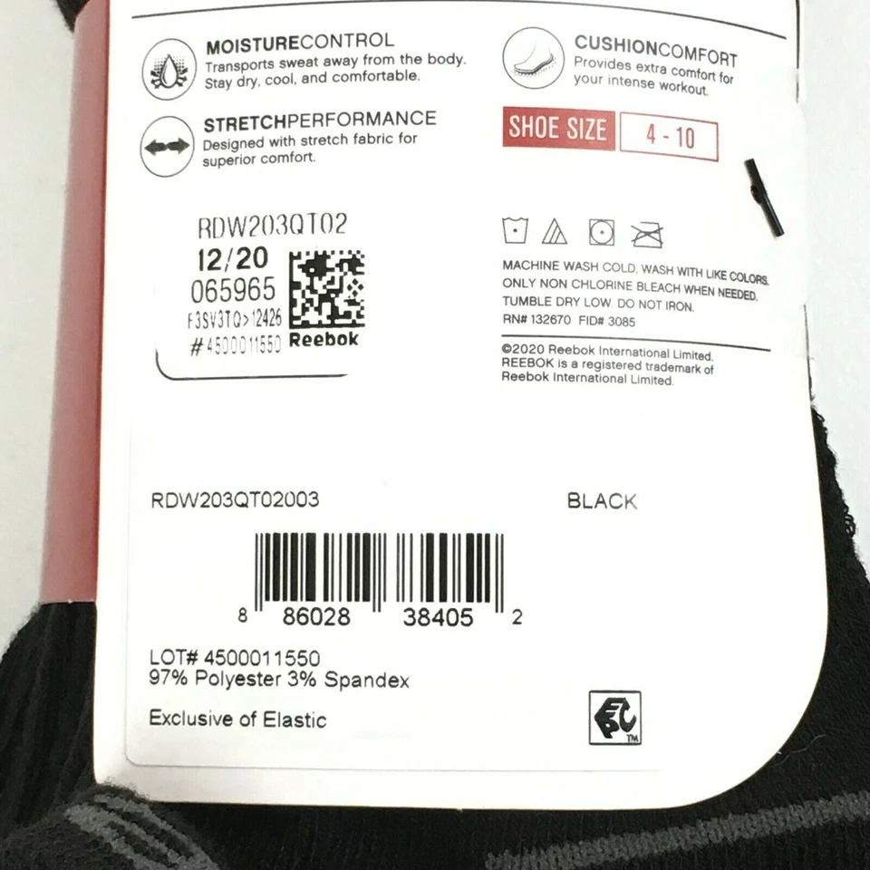 Calcetines de entrenamiento de rendimiento Reebok negros corte cuarto 6 pares zapatos para mujer talla 4-10 Foto 2 de 3