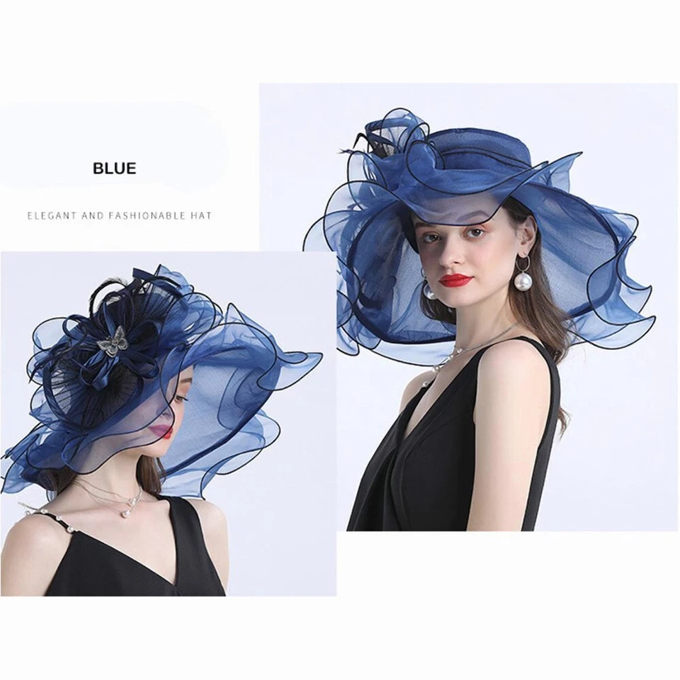 Sombrero de cóctel azul marino fiesta de té iglesia fedoras vestido de novia sombreros de organza Foto 2 de 2