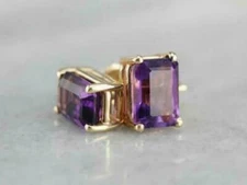 4Ct Emerald Cut Amethyst Solitaire Women's Stud Earrings In 14K Yellow Gold Over