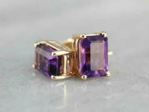 4Ct Emerald Cut Amethyst Solitaire Women's Stud Earrings In 14K Yellow Gold Over - Picture 1 of 5