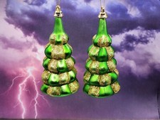Set 2 NEW Green w/Gold Glitter SHATTERPROOF CHRISTMAS TREE ORNAMENT 5" tall