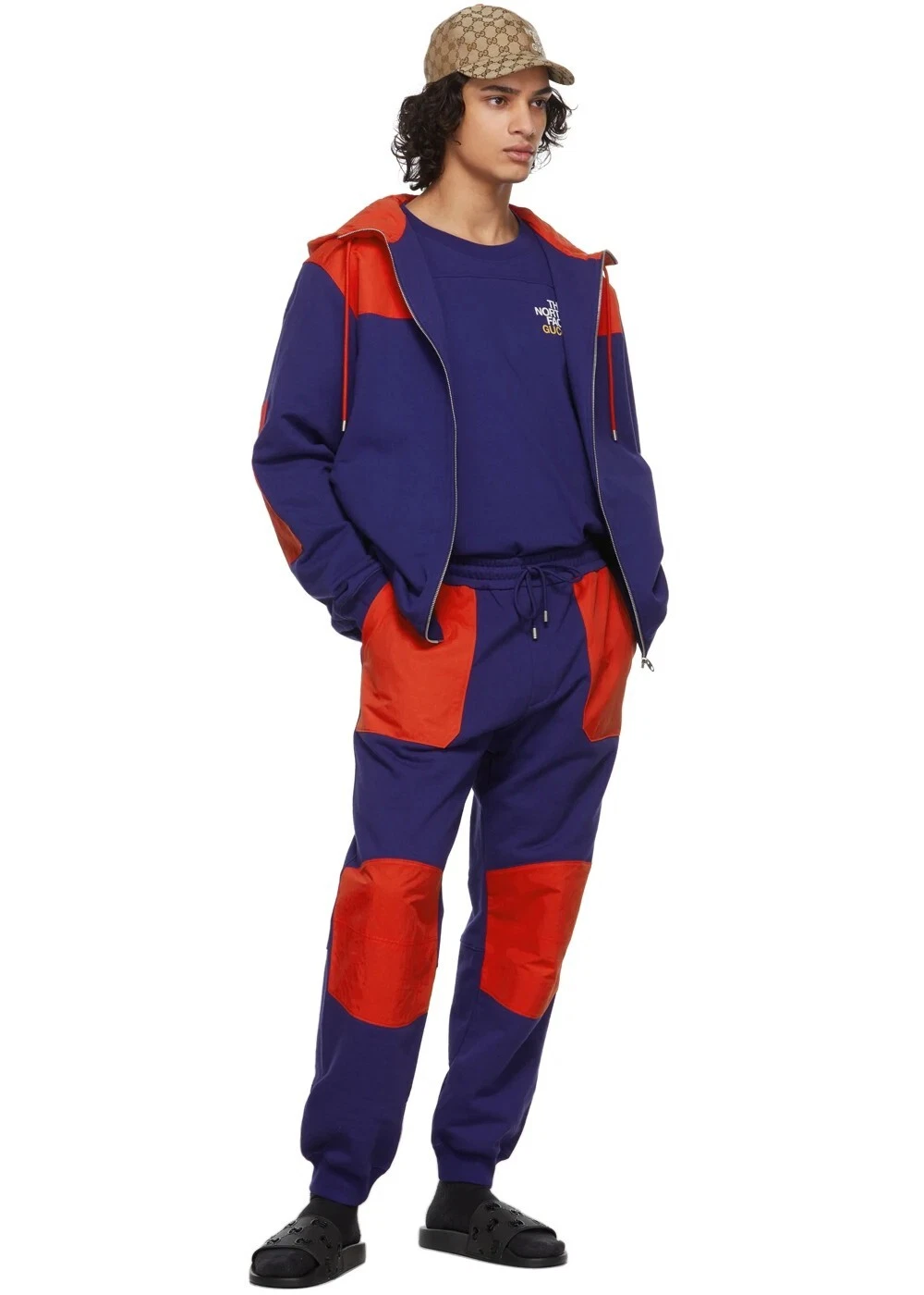 Giacca track GUCCI x THE NORTH FACE blu e rossa stampa logo cerniera media autentica