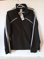 NWT ADIDAS Peached Poly Jacket Womens L Black White 3 Stripe Track Full Zip Draw