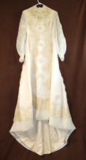 VINTAGE 1970  s LONG SLEEVE IVORY WEDDING DRESS, CHAPEL LENGTH TRAIN, SEED PEARLS