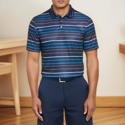 PGA TOUR Mens Fine Line Print Short Sleeve Golf Polo Shirt Peacoat NWT