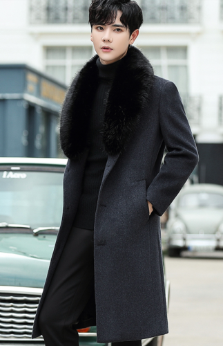 Men Wool Blend Long Overcoat Faux Fur, Mens Fur Collar Trench Coat