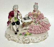 Vtg Karl Klette German Lace Porcelain Couple Playing Chess