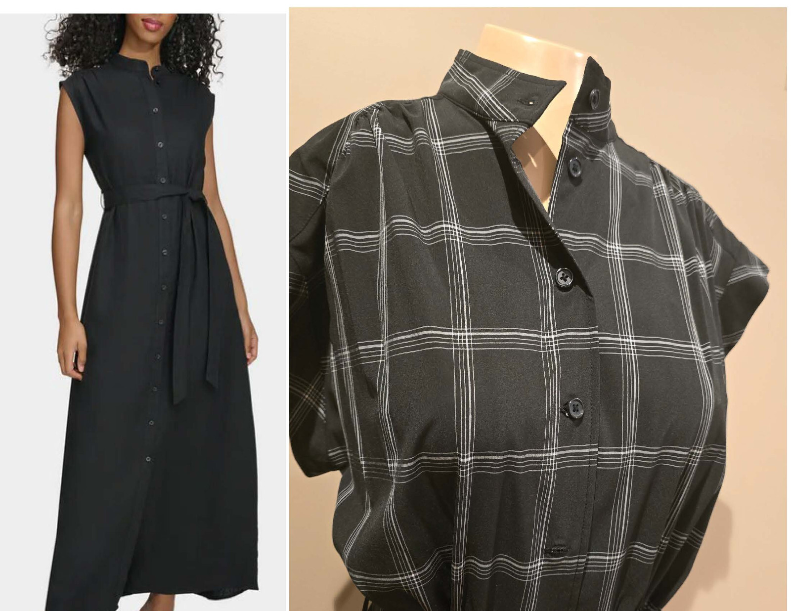 NWT CALVIN KLEIN Midi Shirtdress  Size 10 Black Plaid with tie belt Sh. Sleeve