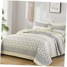 Boho Quilt Set King Size,Bohemian Striped Patchwork King 104" 90" Beige