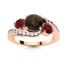 925 Sterling Silver Rose Plated Three Stone 5MM Round Smoky Quartz  Ruby Ring