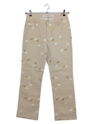 ESCADA Stoffhose Damen Gr. 38 Beige Streifen Tiermotive Baumwolle Casual